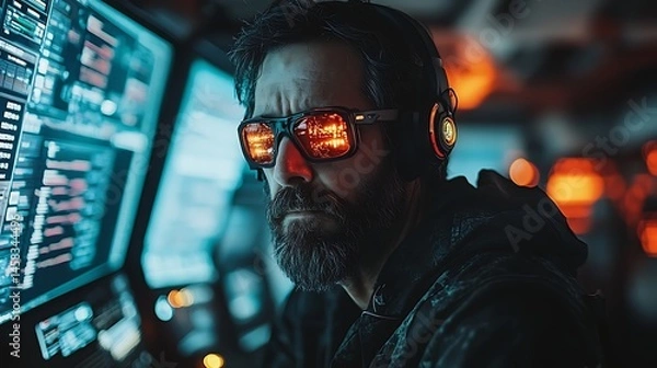 Fototapeta Focused programmer at night, intense coding session