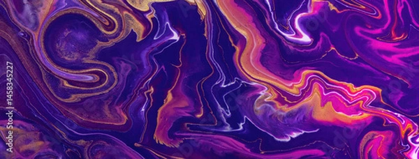 Fototapeta Abstract fluid art background navy blue and purple color. Liquid marble. Acrylic painting with golden lines and gradient