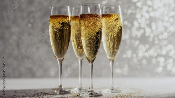 Fototapeta Four champagne flute glass with bubbly drinks on a stanford white background, ideal for festive occasions.