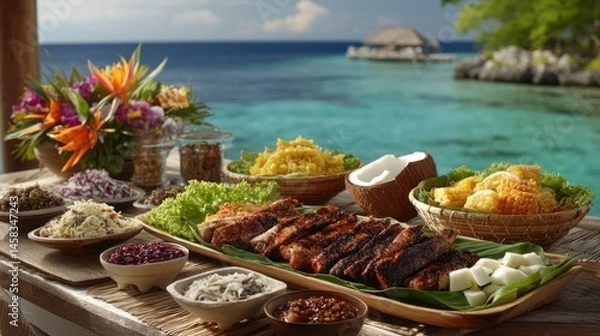 Fototapeta Tropical island feast with grilled chicken, rice dishes, and fresh sides.  A vibrant array of food, including grilled chicken, various rice dishes, colorful salads.