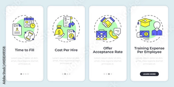 Obraz Hiring metrics onboarding mobile app screen. Employment analytics. Walkthrough 4 steps editable graphic instructions with linear concepts. UI, UX, GUI. Montserrat SemiBold, Regular fonts used