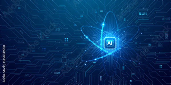 Fototapeta Ai chip and abstract digital atom icon on circuit board. Futuristic technology background. Science tech bg. Circuit light lines and processor. Artificial Intelligence concept. Vector illustration.