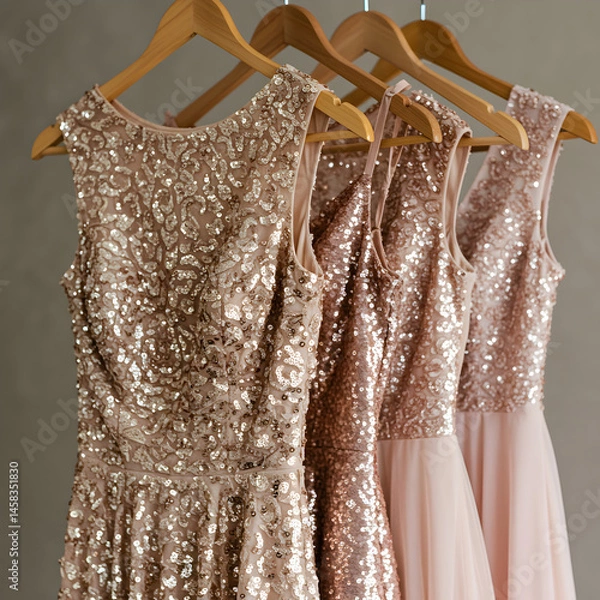 Fototapeta Rose Gold Bridesmaid Dresses: Sparkling Sequins and Flowing Tulle on transparent background