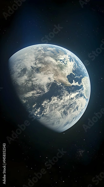 Fototapeta A half-lit Earth viewed from space, showing detailed cloud formations and landmasses against a dark backdrop of stars