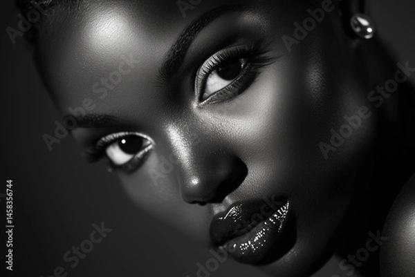 Fototapeta Dramatic Monochrome Close-Up of a Female Model Highlighting Expressive Eyes and Defined Lips with Blurred Background Depth.
