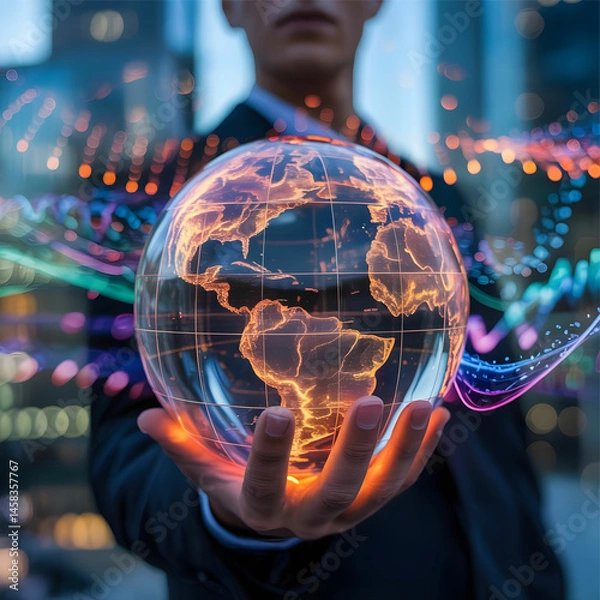 Fototapeta Human interaction with technology, symbolized by the hand holding the globe.