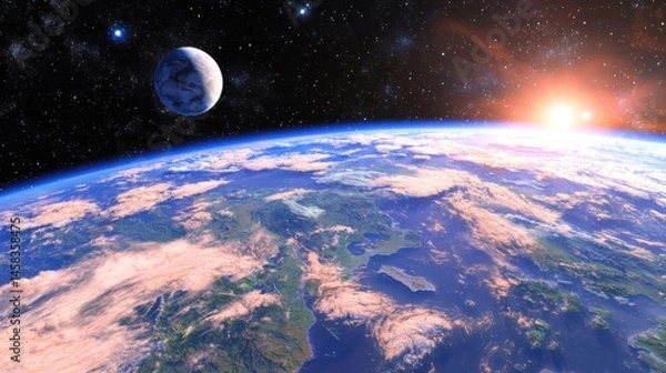 Fototapeta A stunning view of Earth from space shows a sunrise over the planet with a moon in the distance and stars twinkling in the dark sky.