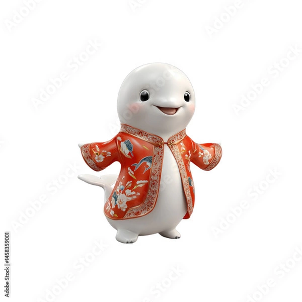 Fototapeta Adorable 3D Render of a White Dolphin Wearing Traditional Chinese Clothing