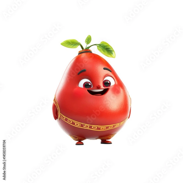Fototapeta Cheerful Cartoon Red Fruit Character with Chinese-Style Ornamentation