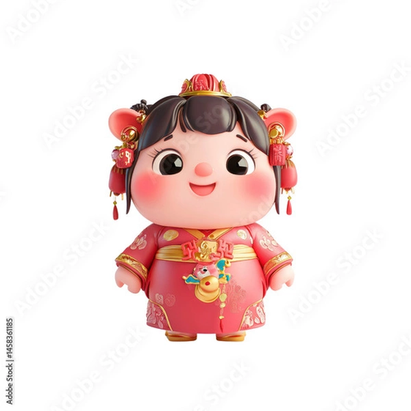 Fototapeta Adorable 3D Render of a Piglet in Traditional Chinese Clothing for Lunar New Year