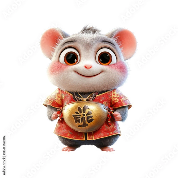 Fototapeta Adorable 3D Render of a Chinese Hamster in Traditional Clothing Holding a Bowl with Chinese