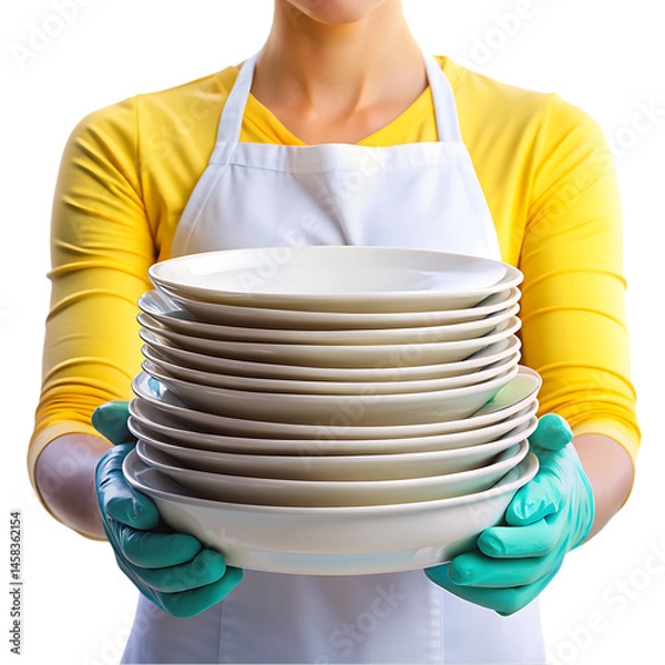 Obraz Woman Holding Stack of Clean Dishes Cleaning Service House Chores