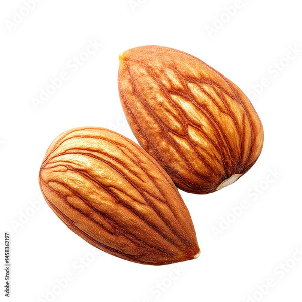 Fototapeta Two raw whole almonds, detailed close-up of natural brown nut seeds, isolated with transparent background