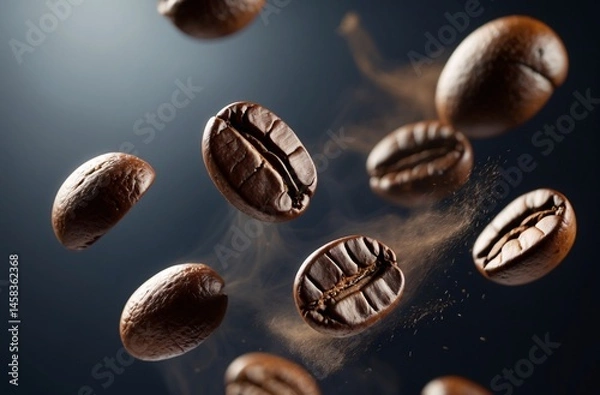 Fototapeta Close-Up of Coffee Beans Floating in the Air with Aromatic Steam