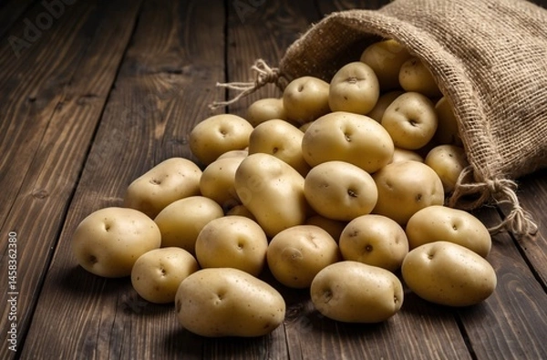 Obraz Fresh Potatoes Spilling from a Hessian Sack Onto Rustic Wooden Boards