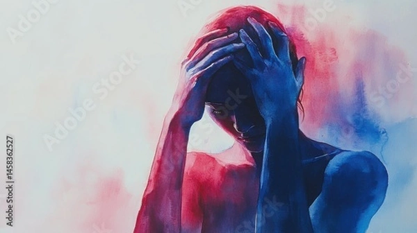 Fototapeta A watercolor painting of a person holding their head, surrounded by blue and red hues, expressing stress or deep contemplation.