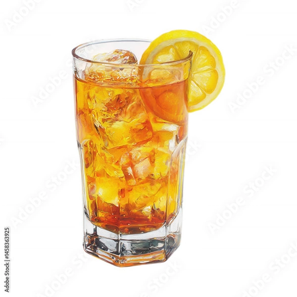 Obraz Cold Iced Tea with Lemon Slice on Transparent Background