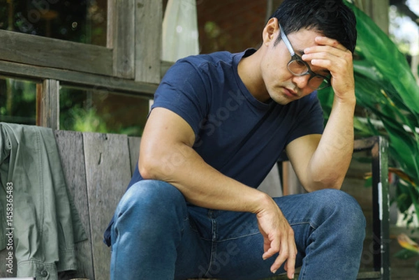 Fototapeta domestic,sad serious illness man.depressed emotion panic attacks alone sick people fear stressful crying.stop abusing violence,help person with health anxiety,thinking bad frustrated exhausted