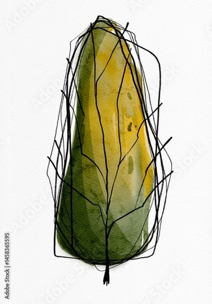Obraz Watercolor tall conical tree elevation view with green foliage and trunk for architectural and landscape drawings