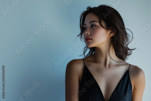 Fototapeta Elegant Fashion Model in a Luxurious Black Silk Dress Posing Gracefully Against a Minimal All-White Background with Soft Studio Lighting.