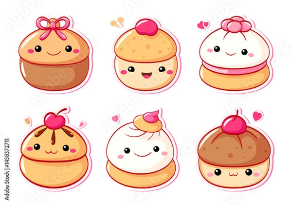 Fototapeta Vector set of traditional Chinese pastries mantou buns. Cute asian dessert in kawaii style. Delightful assortment of desserts in a charming, whimsical style. Can be used for t-shirt print, sticker