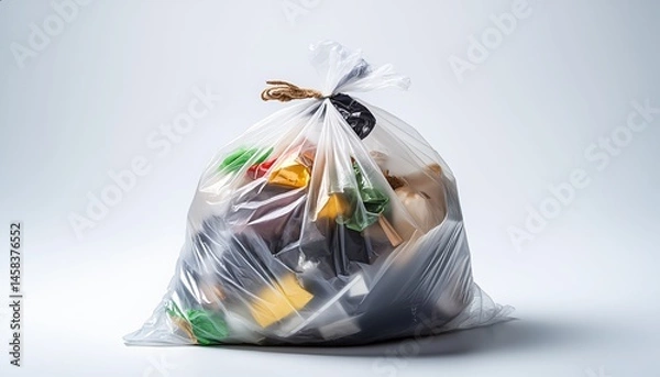 Fototapeta A clear plastic garbage bag filled with colorful waste items, tied with a brown string. Ideal for illustrating waste management, recycling, or environmental themes