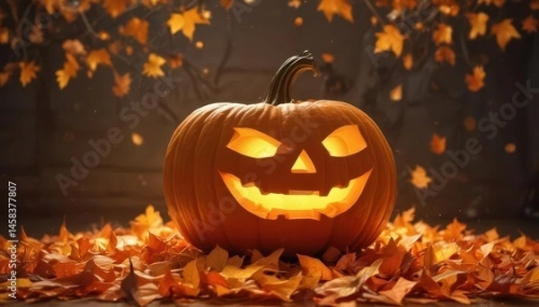 Obraz Glowing jack-o'-lantern, encircled by warm lanterns, autumn leaves swirl , nature, design
