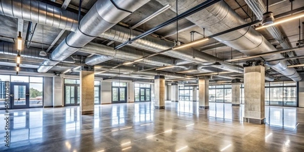 Fototapeta High ceilings with industrial concrete columns and exposed ductwork in a modern office building, high ceilings, industrial decor