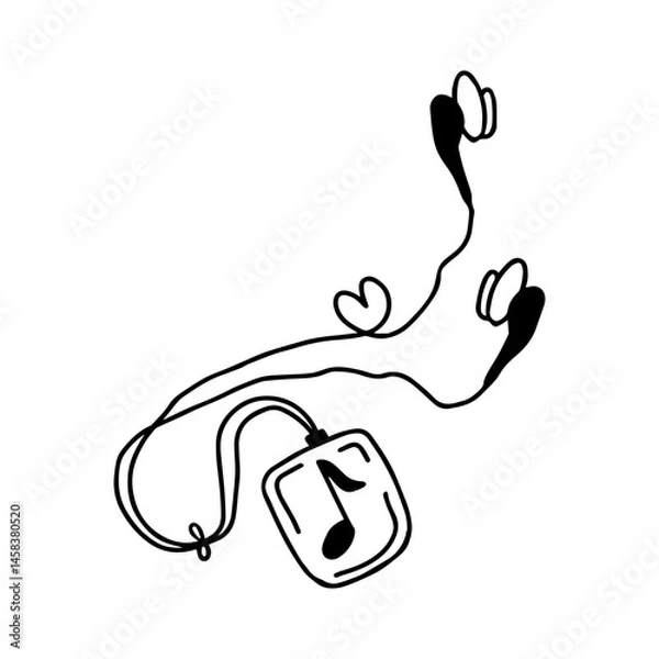 Fototapeta Hand drawn doodle simple wired headphones with music source with musical note, heart shape. Isolated on white background