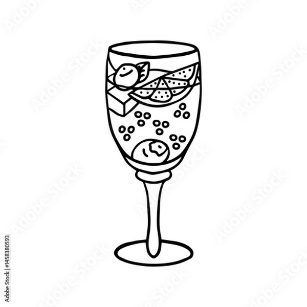 Fototapeta Hand drawn doodle simple summer cocktail with berries, citrus, mint leaf and ice cubes in tall glass with stem. Isolated on white background