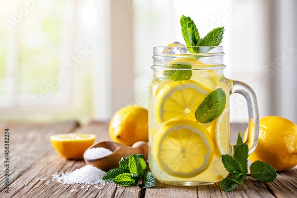 Fototapeta Homemade lemonade with lemon and mint in mason jar on wooden table. Refreshing summer drink.