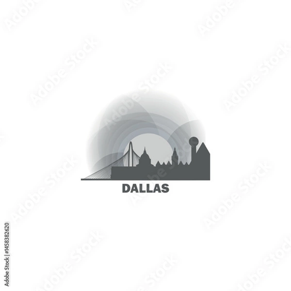 Fototapeta USA United States Dallas cityscape, skyline, panorama vector flat logo, icon. US Texas state city emblem with landmarks and building silhouettes at sunrise, sunset