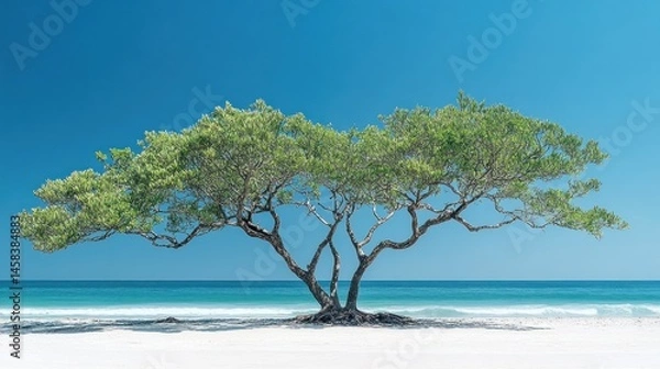 Fototapeta Solitary Tree on Tropical Beach Paradise: Serenity Under the Azure Sky
