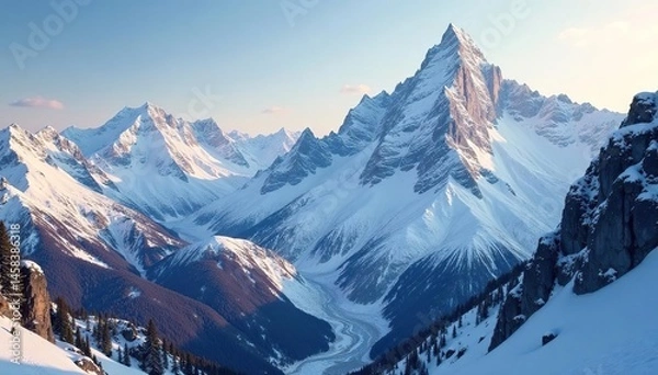 Fototapeta Jagged snow-covered summits, untouched valley , geology, clouds, serene