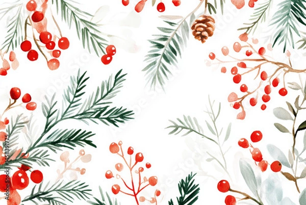 Fototapeta Winter background with hand painted watercolor foliage and red berries, creating festive
