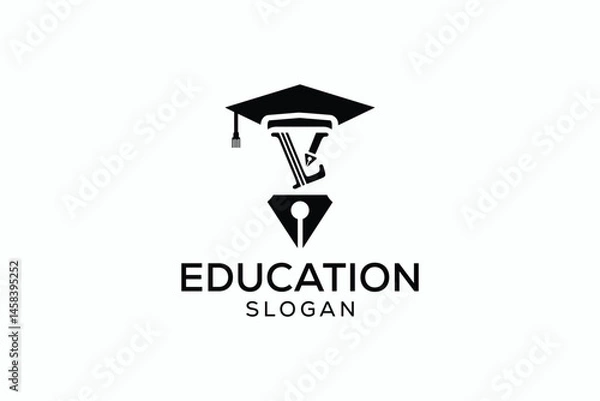 Fototapeta Education Logo Design with Graduation Cap, Book, and Pen Nib – Modern Academic and Learning Symbol in Black and White Vector