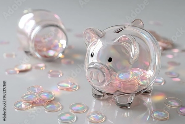 Obraz Transparent Glass Piggy Bank with Colorful Coins on White Surface