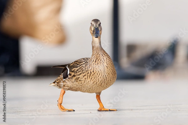 Fototapeta Canard colvert femelle (Anas platyrhynchos) marchant au milieu des touristes sur l'esplanade du Trocadéro à Paris