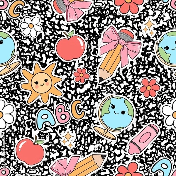 Obraz Back To School Composition Book Seamless Pattern Retro Teacher Coquette Pencil Bows Digital Paper Background 