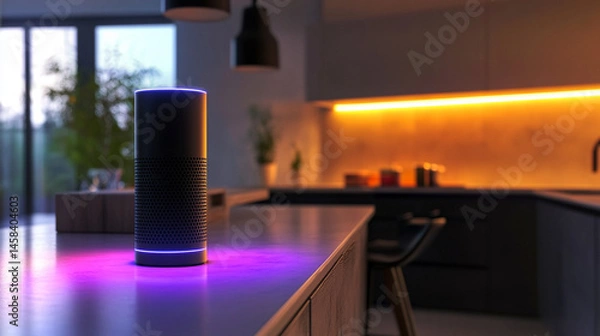 Obraz A voice assistant speaker on a modern kitchen counter with ambient lighting
