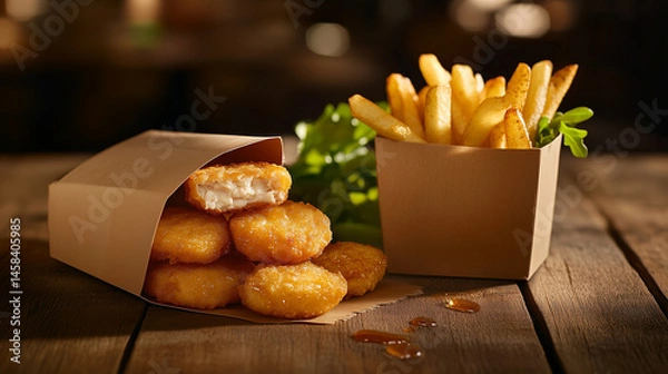 Fototapeta Delicious fast-casual meal presentation: chicken nuggets coated with honey sheen, accompanied by fries and fresh greens on rustic wood table
