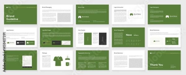 Fototapeta Green Brand Guideline Brand Strategy Guideline Template. Complete Brand Identity Guidelines Template, Professional Logo Presentation, Modern Brand Guidelines Template