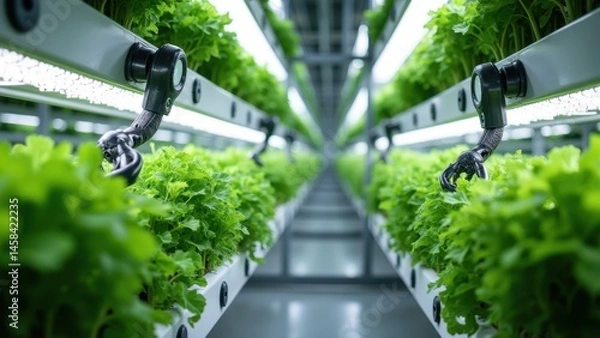 Obraz Controlled Vertical Hydroponic Farming System with Lush Green Plants