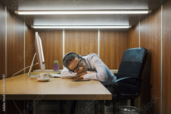 Fototapeta Lazy employee sleeping at her desk