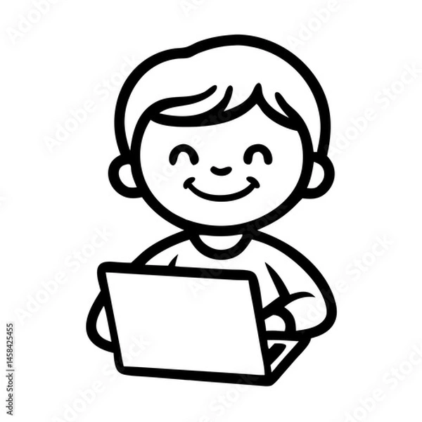 Fototapeta Happy child using laptop in a simple line art style  