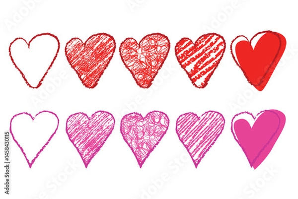 Obraz set of red and pink crayon love shape, at white background