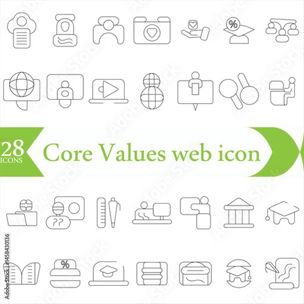 Fototapeta Core Values web icon set in line style. Innovation, integrity, customers, accountability, teamwork, goals, motivation collection.