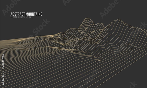 Fototapeta Contour mountain landscape. Waved line art. Abstract minimal topographic map. Contour lines with elevations and terrain depth. Vector illustration.