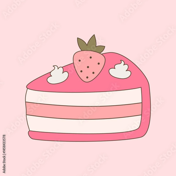 Fototapeta cute hand drawn funny cartoon slice cake with strawberry colorful vector illustration isolated on pink background