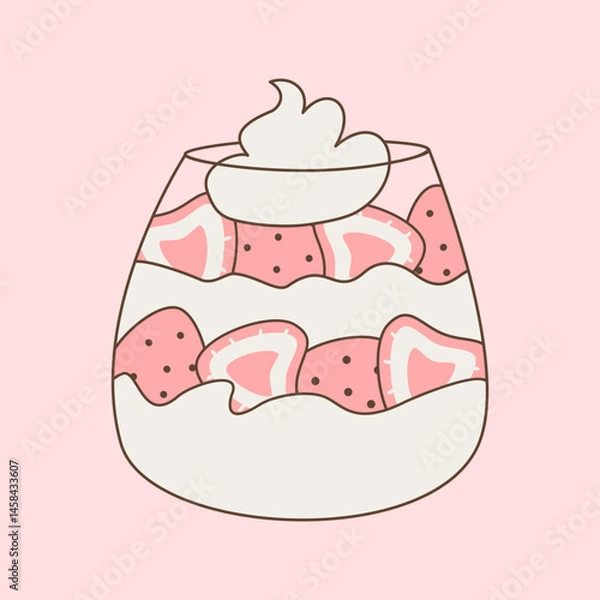 Fototapeta Cute hand drawn cartoon vector illustration with glass with strawberry with whipped cream on pink background